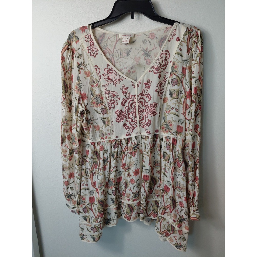 SUNDANCE Women's Floral Peasent Long Sleeve Blouse Boho Rayon Size Medium NWT